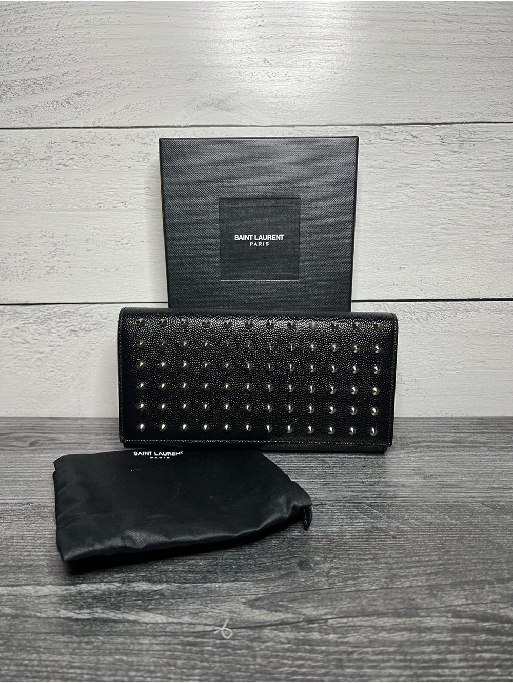 Authentic Saint Laurent Black Grain De Poudre Stud Marquage Wallet w/ COA